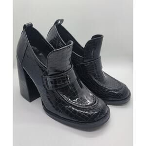 Koi Footwear Black Vegan Chunky Heel Slip-On Shoes UK 4 Snake Print Square Toe🖤